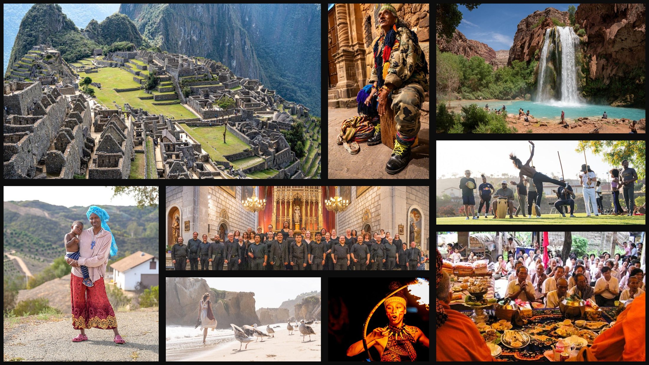 A collage of Baramay Ung's photography: Machu Picchu, a festival performer, a desert waterfall, a choir in a Spanish cathedral, a mother and child, capoeira dancers, a beach walker, a fire dancer, and a Cambodian ceremony.